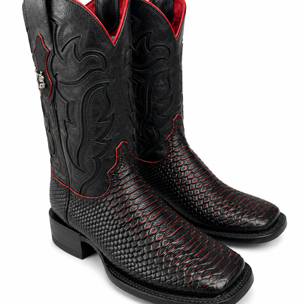 Men’s Black & Red Imitation Python Square Toe Boots
