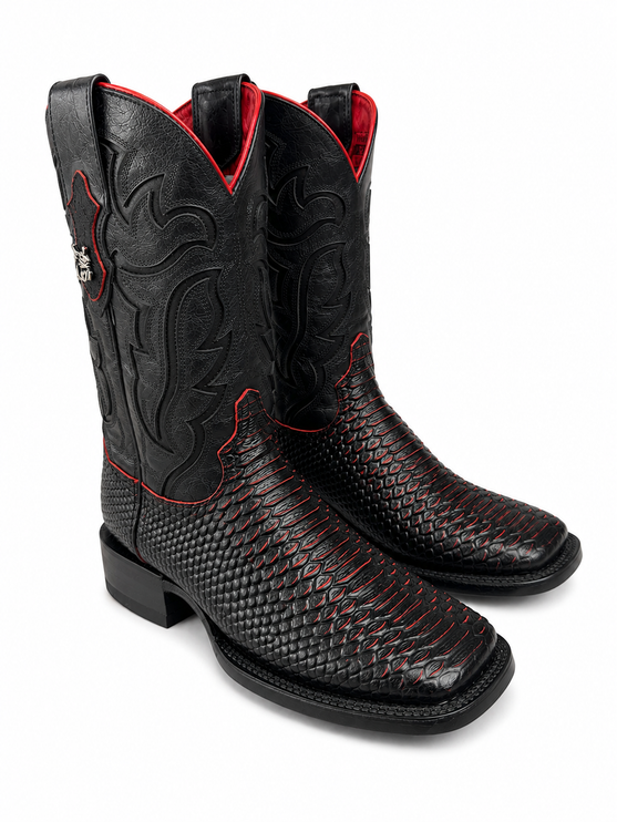 Men’s Black & Red Imitation Python Square Toe Boots
