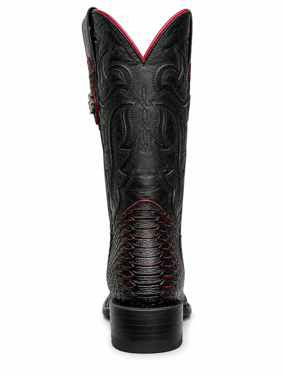 Men’s Black & Red Imitation Python Square Toe Boots