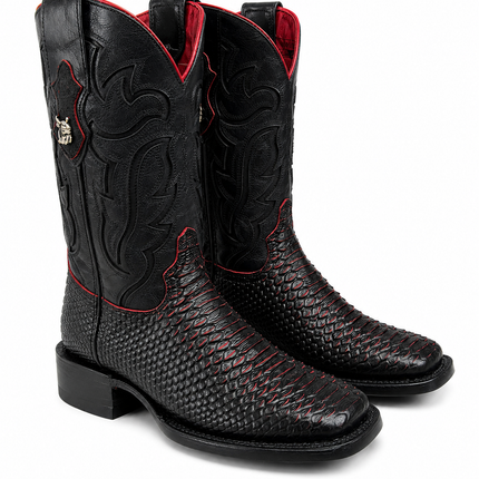 Men’s Black & Red Imitation Python Square Toe Boots