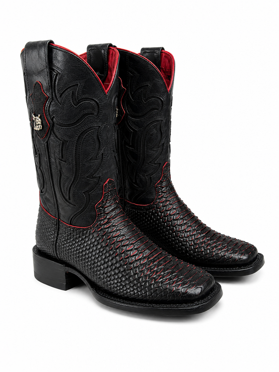 Men’s Black & Red Imitation Python Square Toe Boots