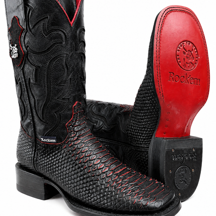 Men’s Black & Red Imitation Python Square Toe Boots