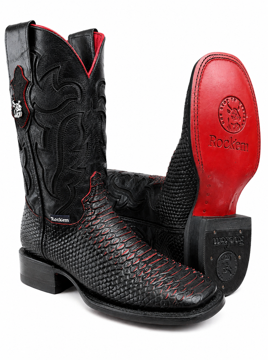 Men’s Black & Red Imitation Python Square Toe Boots