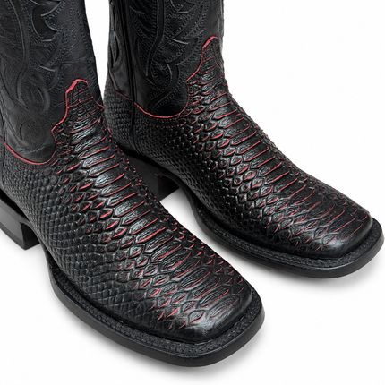 Men’s Black & Red Imitation Python Square Toe Boots