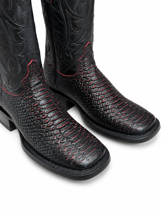 Men’s Black & Red Imitation Python Square Toe Boots